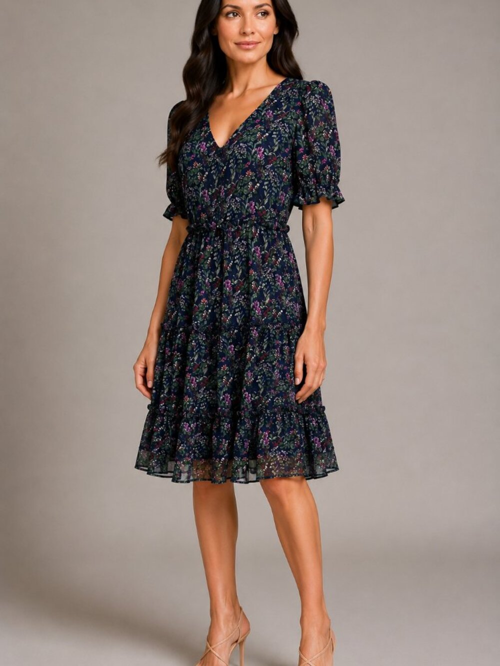 Allison & Kelly Blue Gray Floral Ruffle Tiered Fit Flare Dress Women’s M